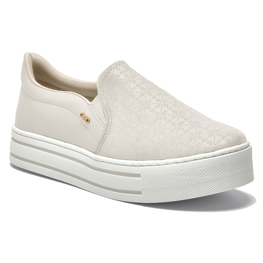 Tênis casual feminino marfim slip-on com textura em napa tricot e solado branco